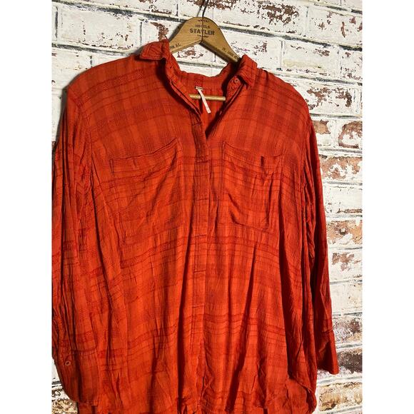 Free People Flowy Oversized Cotton Blend Plaid Button Down Blouse - Picture 3 of 9